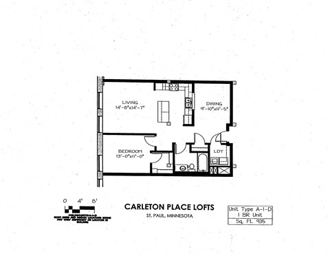 Floor plan for 1 bed, 1 bath, 935 sqft